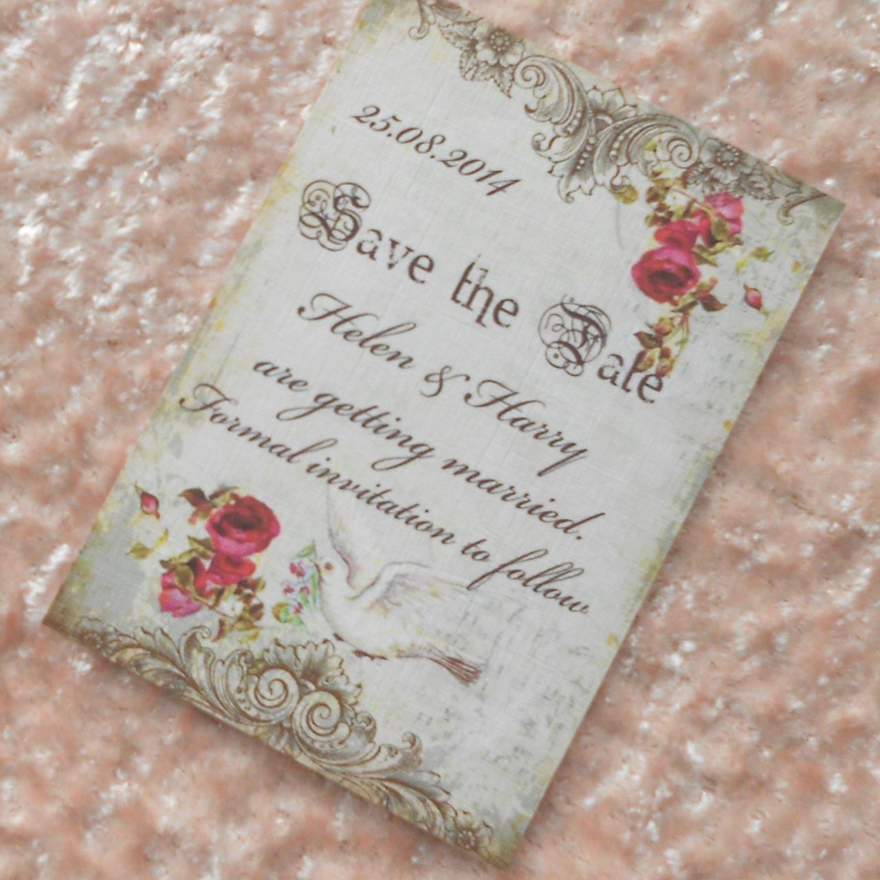 Vintage Save The Date Cards - Dove And Red Roses (ref 82) Set Of 10