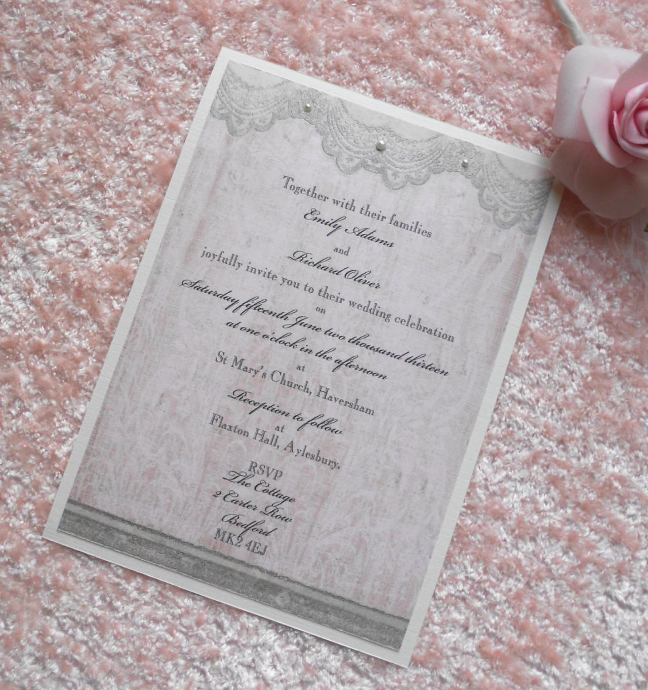 Vintage Wedding Invitations X 5 Personalised Pink Lace (ref 21)