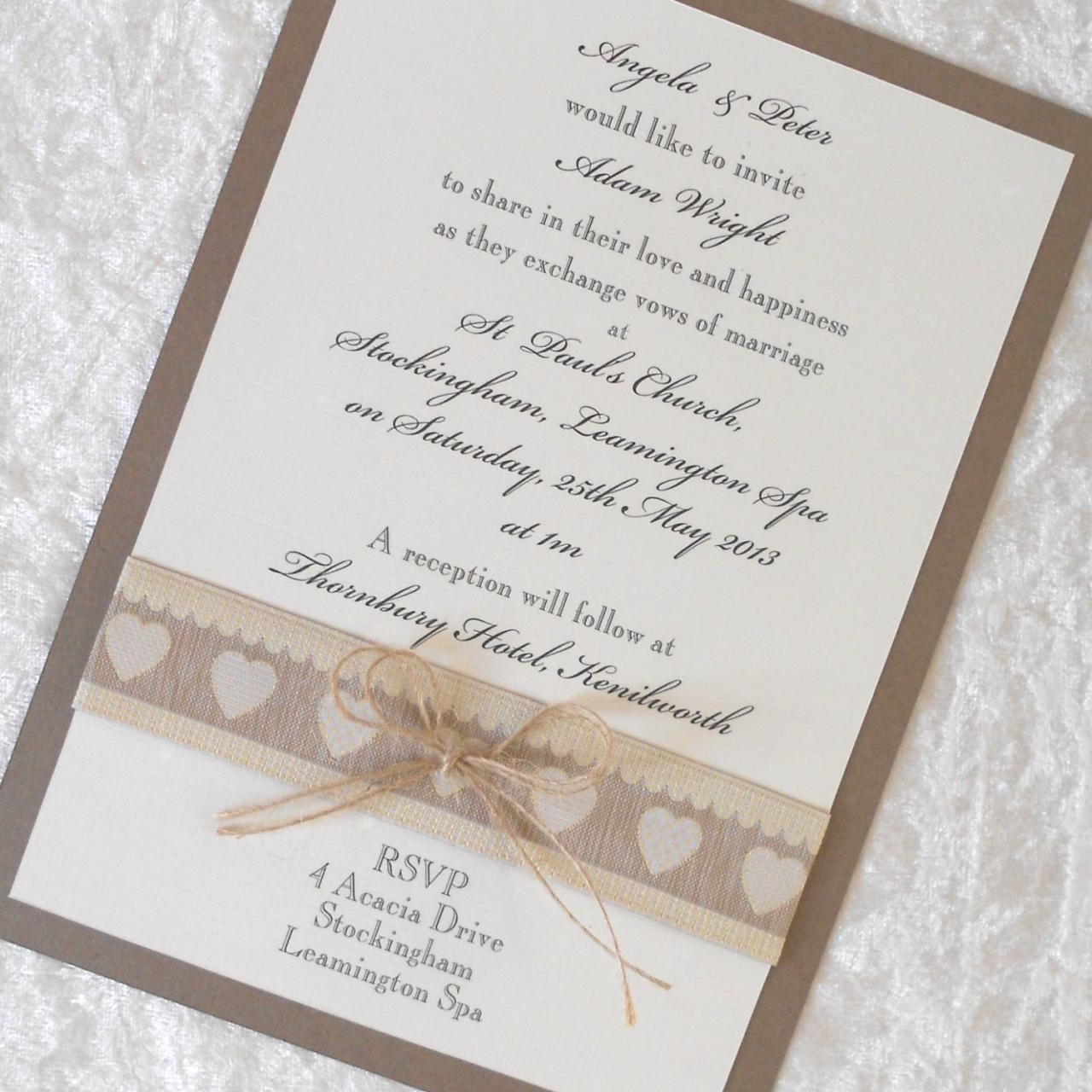Rustic Country Chic Wedding Invitations X 5 Personalised Primitive Hearts (ref 21)
