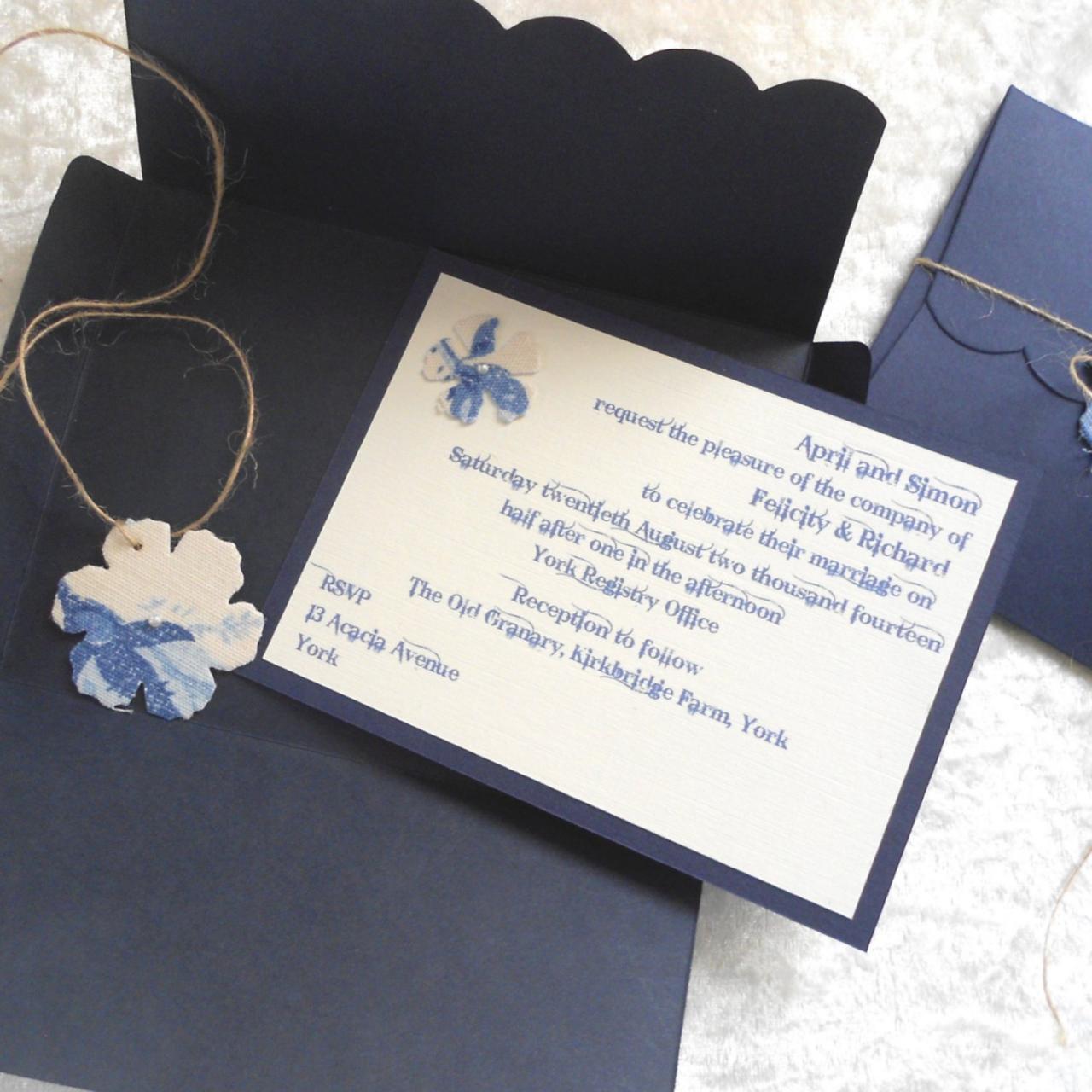 Country Chic Blue Floral Wedding Invitations With Wrap And Tag X 5 (ref 151)