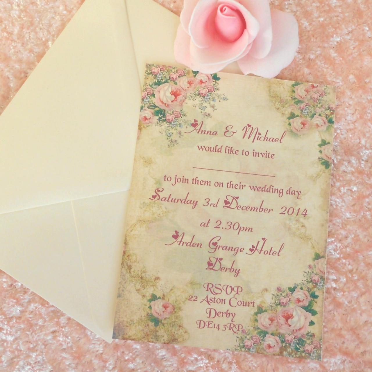 Vintage Wedding Invitation Shabby Romantic Roses (ref 96) X 5