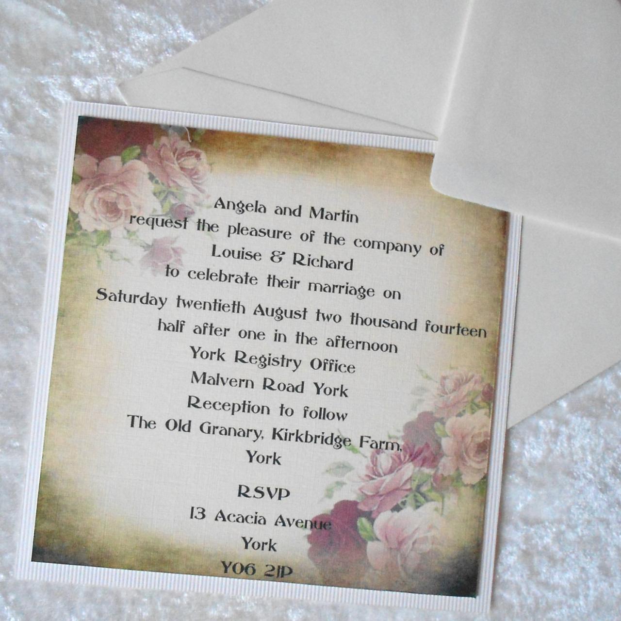 Vintage Shabby Chic Wedding Invitation With Roses On Grunged Background (ref 153